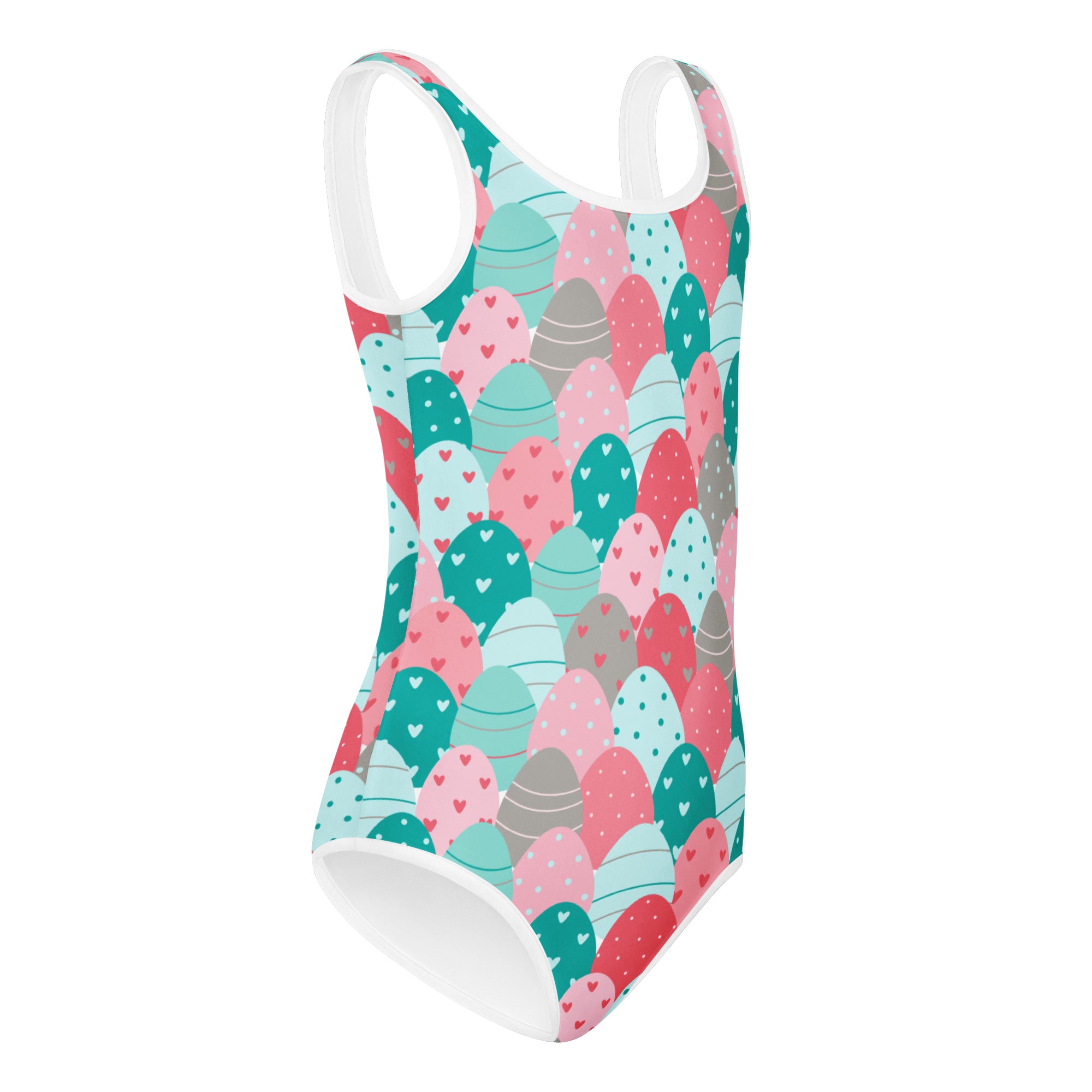 Girls Easter egg pattern buttery soft one-piece swimsuit in pastel pink teal and gray quick drying for dance and gymnastics
