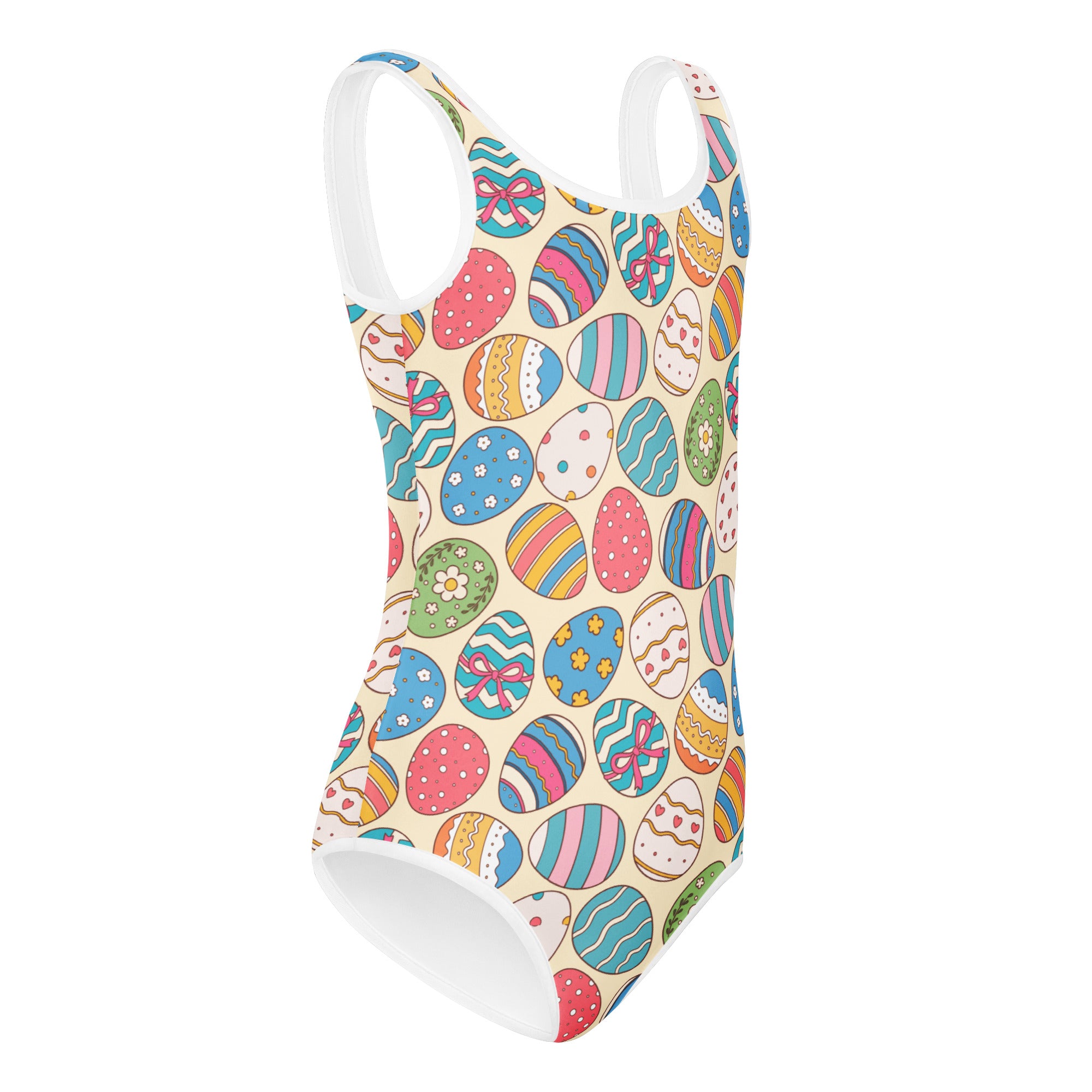 Girls bright patterned Easter egg buttery soft cream one-piece swimsuit with white trim for dance and gymnastics