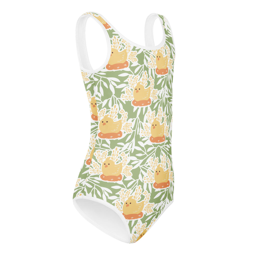 Girls chick nest buttery soft green one-piece swimsuit with yellow ducklings on orange floats for dance and gymnastics