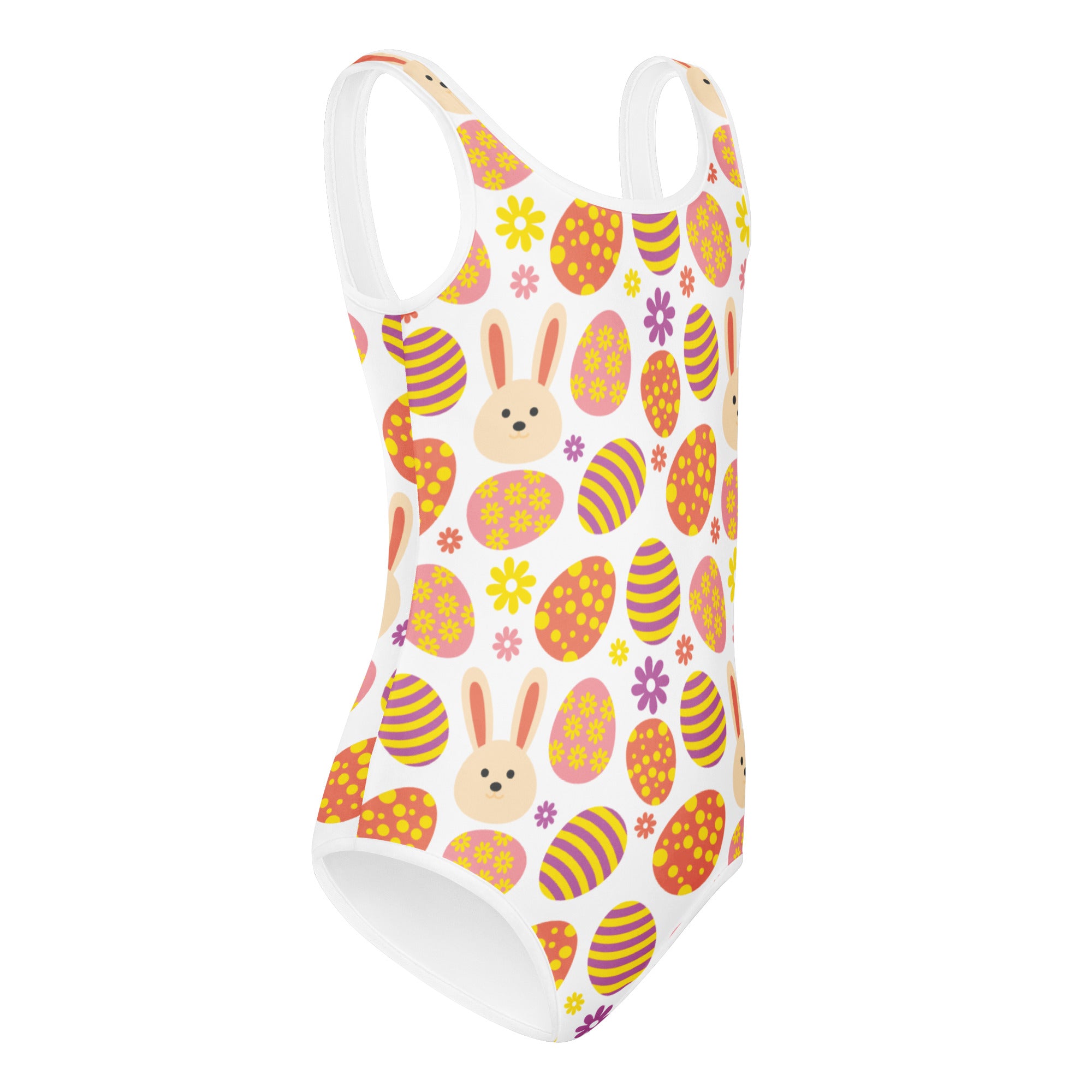 White girls one-piece swimsuit with playful easter bunny pattern and colorful eggs quick drying for dance and gymnastics