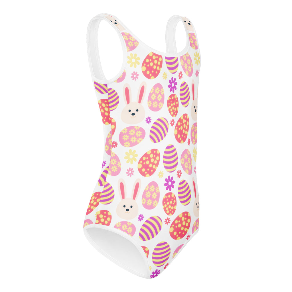 Girls pastel bunny and easter egg white one-piece leotard with playful pattern quick drying for dance and gymnastics