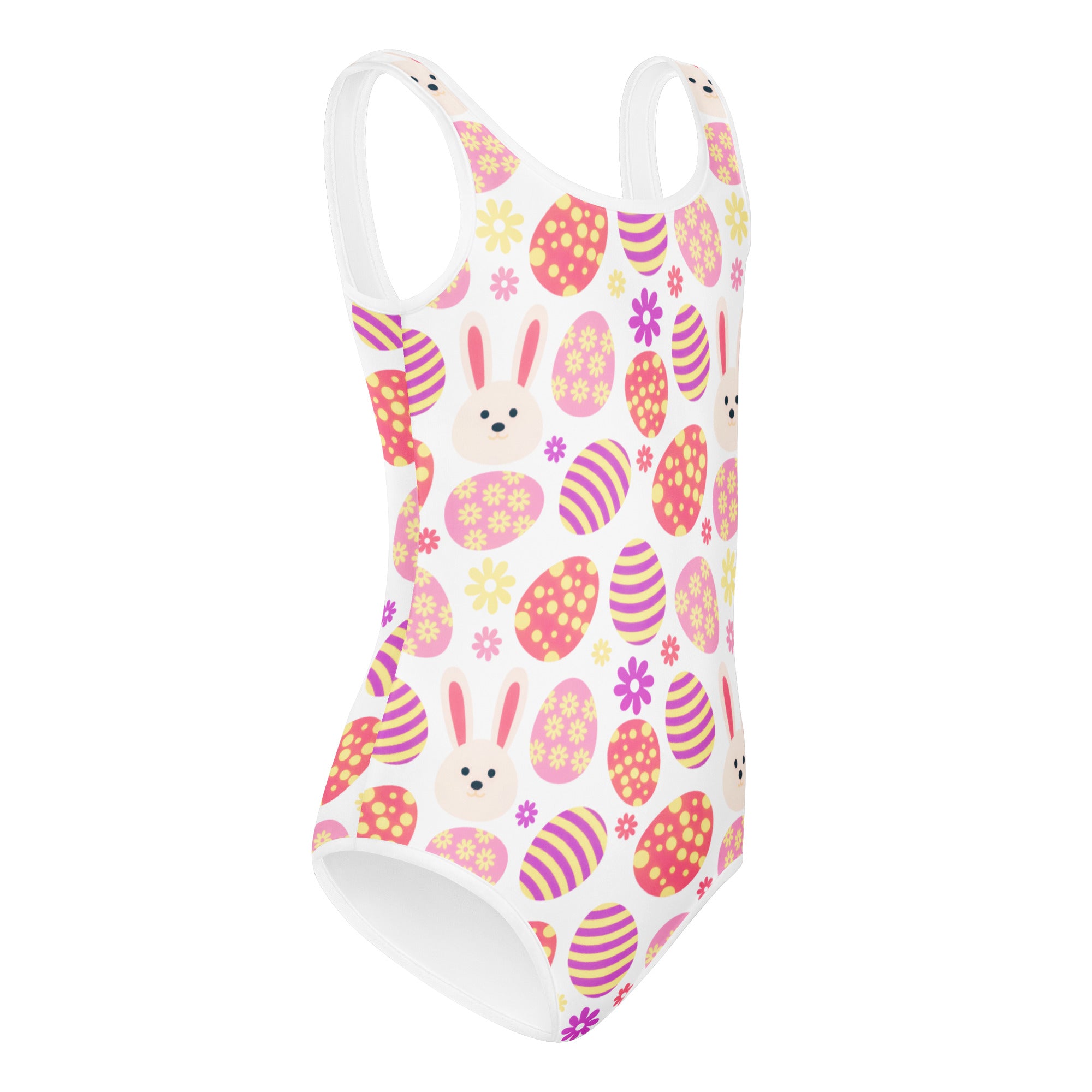 Girls pastel bunny and easter egg white one-piece leotard with playful pattern quick drying for dance and gymnastics
