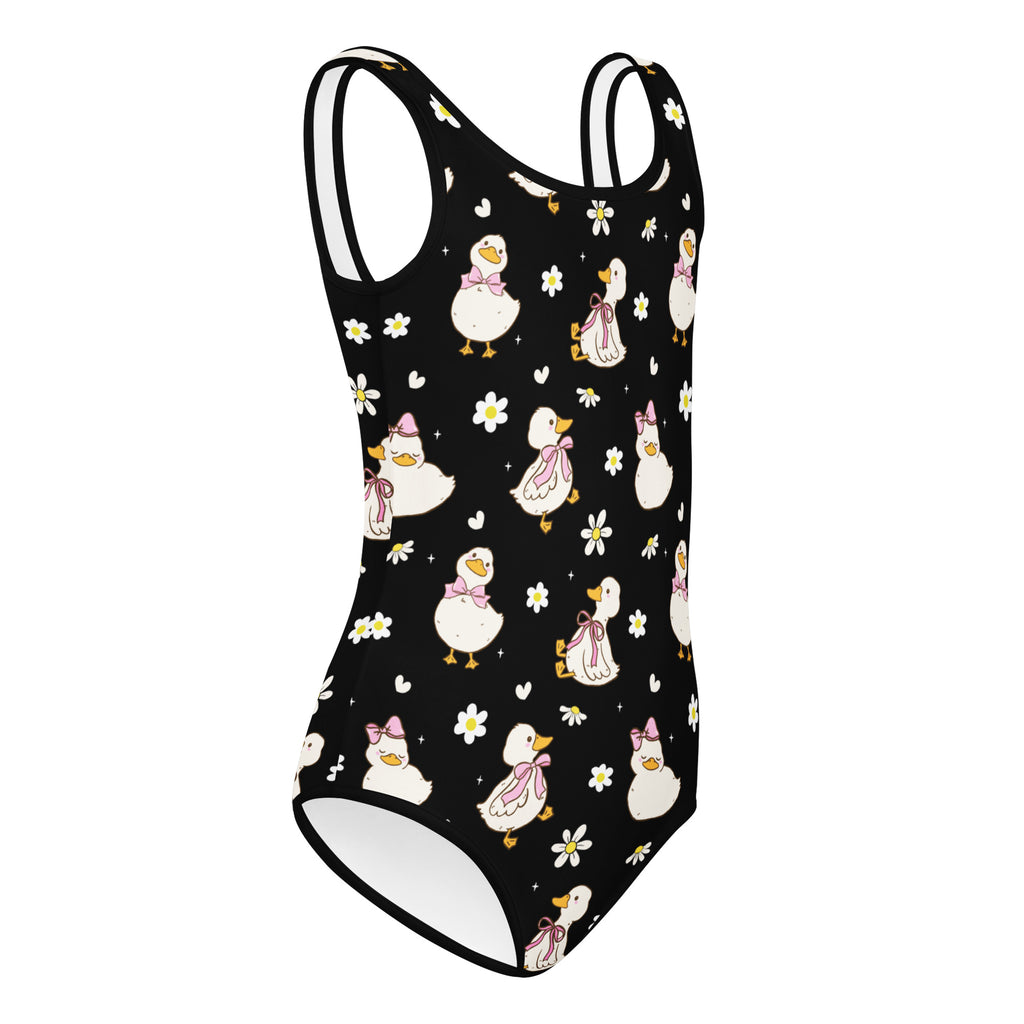Black girls one-piece swimsuit with white cartoon ducks pink bows daisies quick drying buttery soft for dance and gymnastics