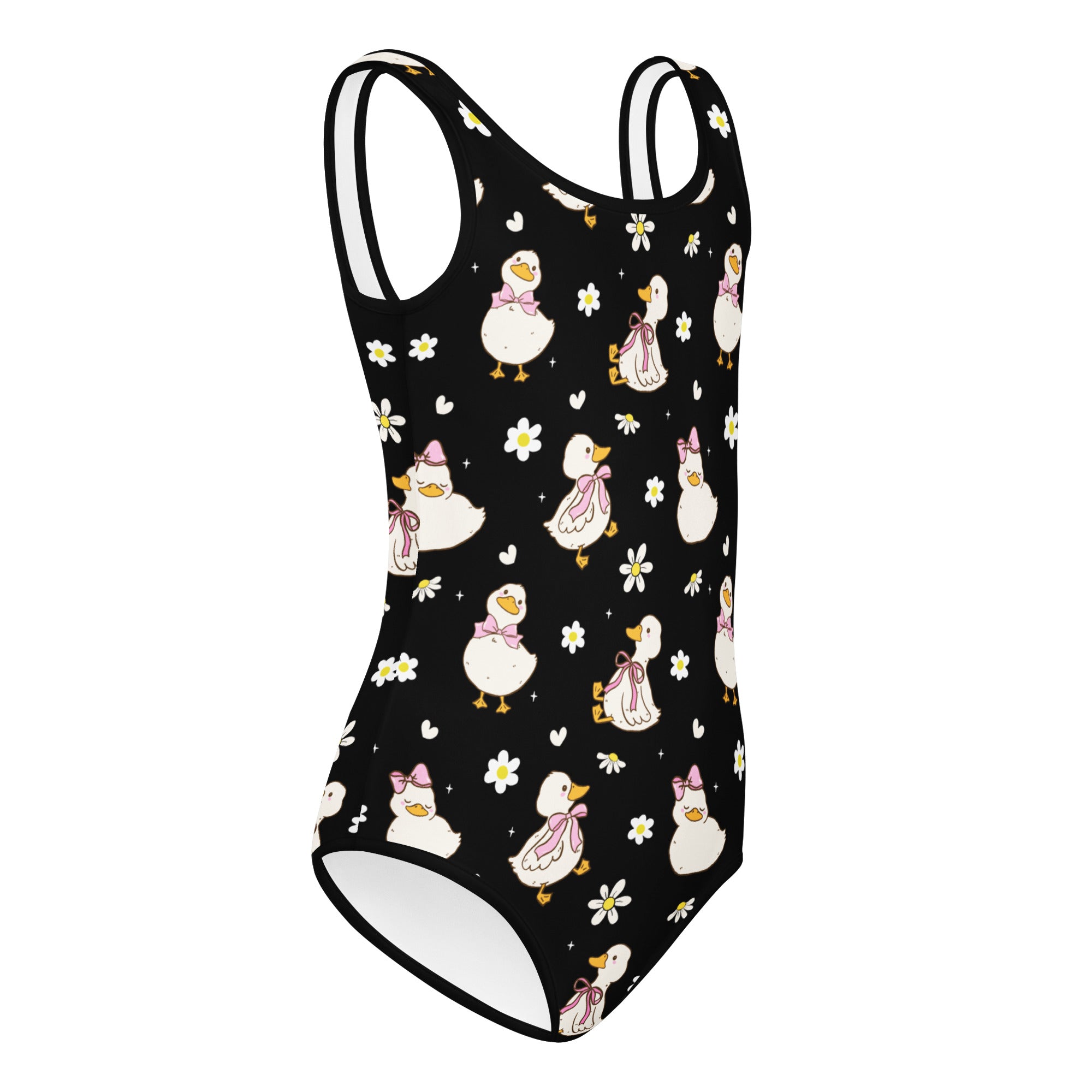 Black girls one-piece swimsuit with white cartoon ducks pink bows daisies quick drying buttery soft for dance and gymnastics
