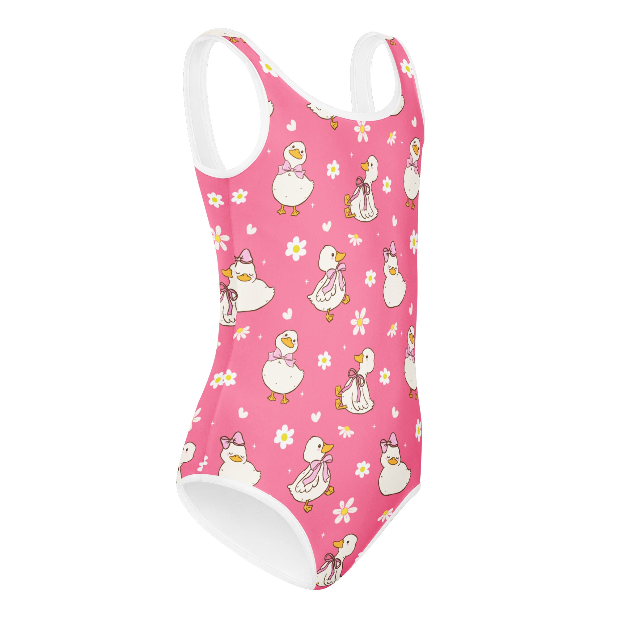 Girls pink duck buttery soft leotard with white trim and playful duck pattern quick drying for dance and gymnastics