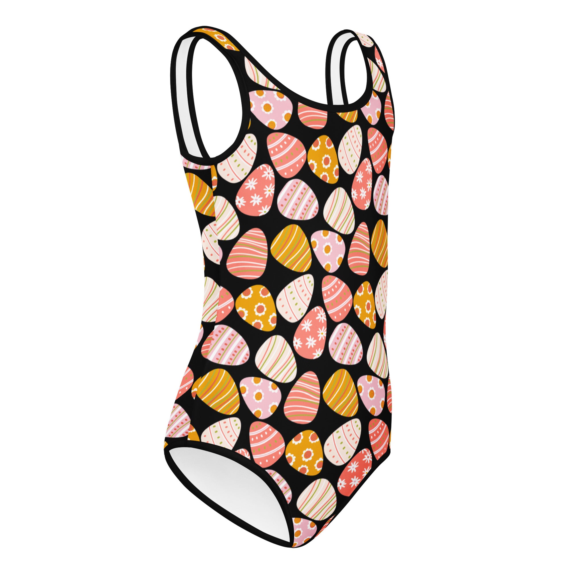 Black one-piece swimsuit with pastel pink peach and yellow easter egg pattern buttery soft quick drying for dance and gymnastics