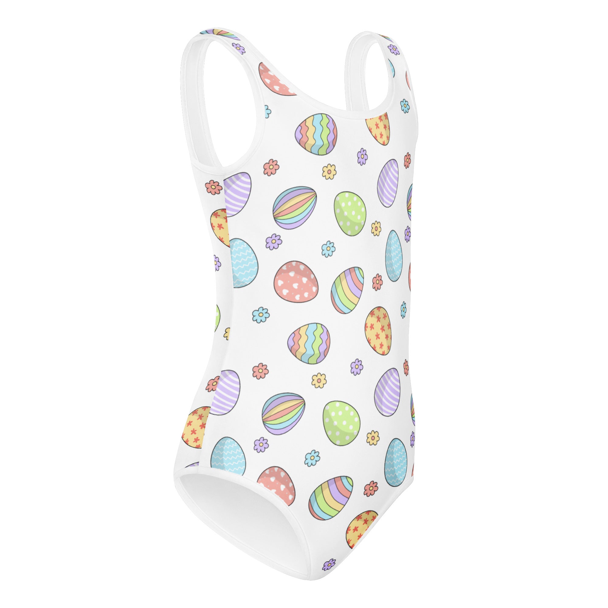 White one-piece buttery soft leotard with colorful pastel easter egg and flower pattern for dance and gymnastics