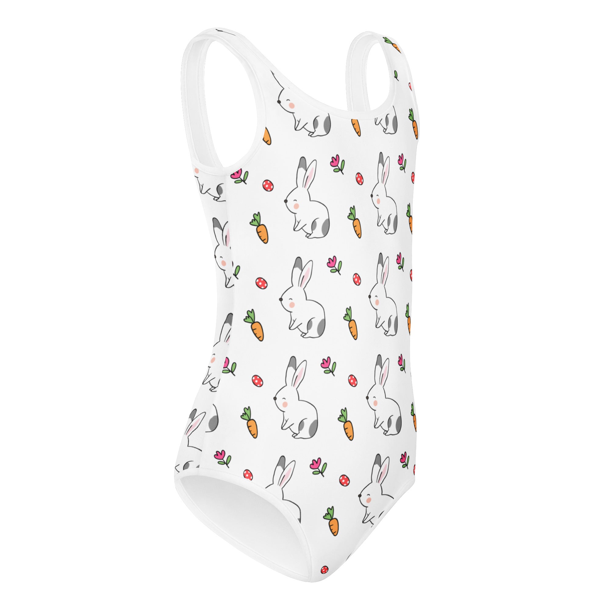 Girls bunny and carrot buttery soft white leotard with playful bunny carrot flower pattern quick drying for dance and gymnastics