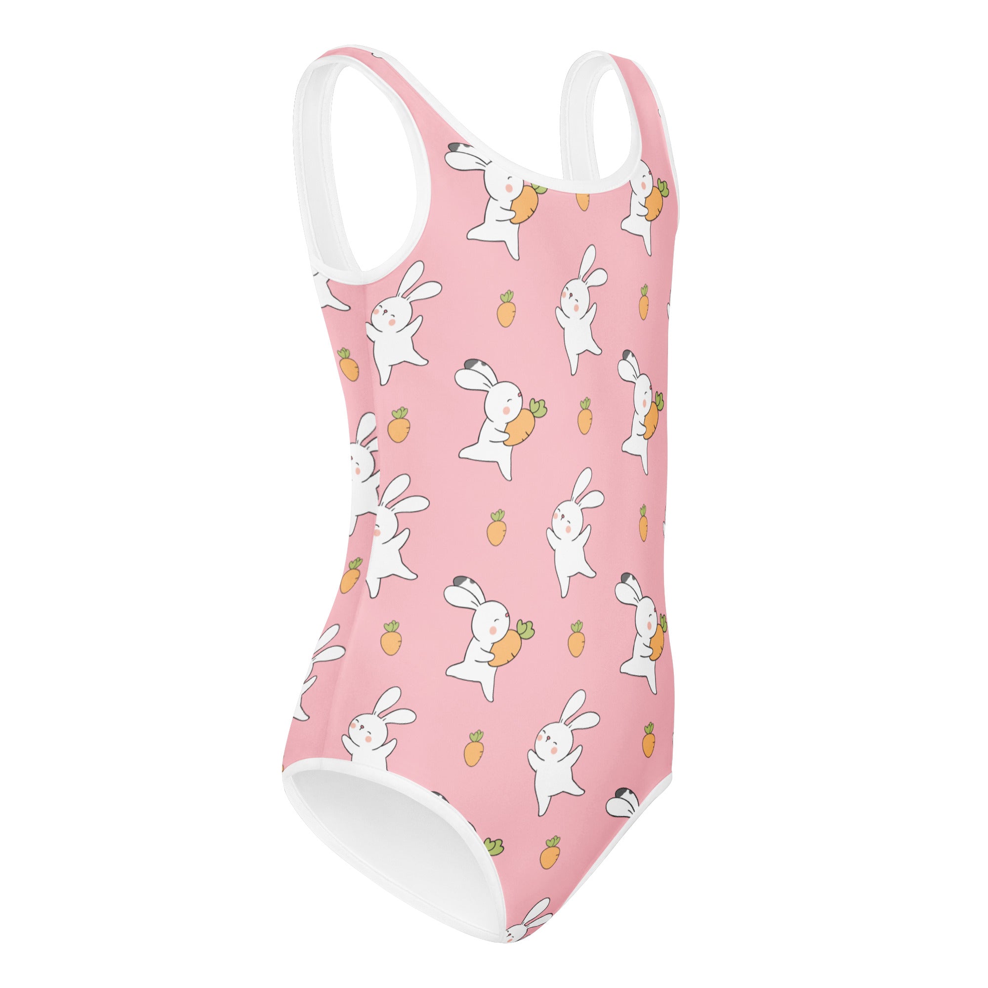 Pink girls bunny with carrot buttery soft leotard with white trim quick drying for dance and gymnastics