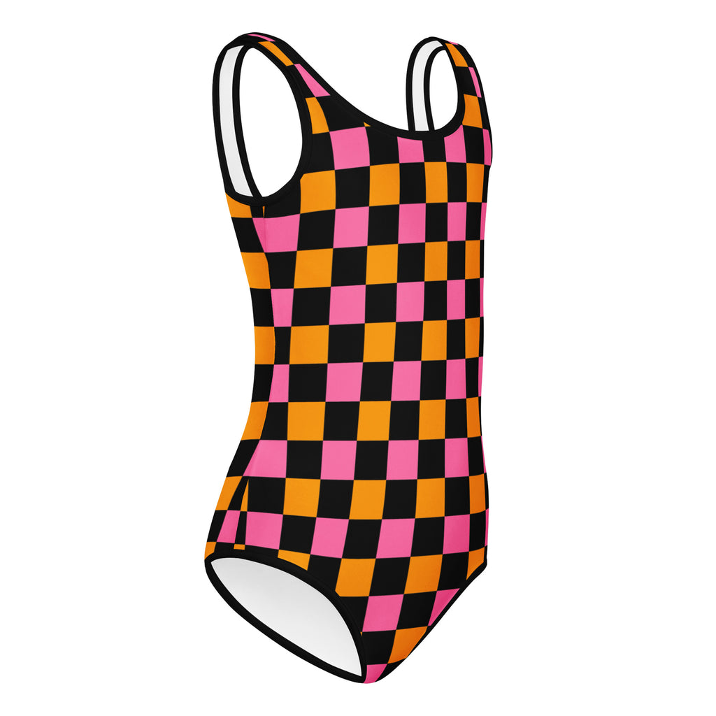 Girls Pink & Orange Checkered Halloween Leotard – Buttery-Soft, Quick-Dry 4-Way Stretch Comfort for Dance & Gymnastics