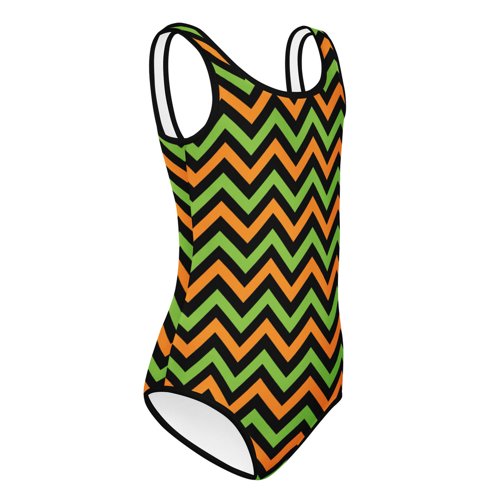 Girls Orange & Green Chevron Halloween Leotard – Buttery-Soft, Quick-Dry 4-Way Stretch Comfort for Dance & Gymnastics