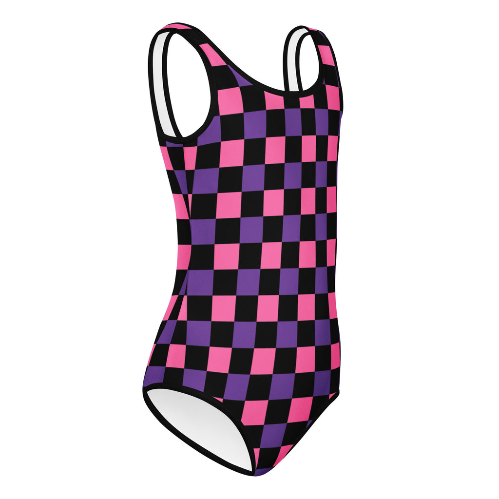 Girls Pink Purple Checkerboard Halloween Leotard – Buttery-Soft, Quick-Dry 4-Way Stretch Comfort for Dance & Gymnastics