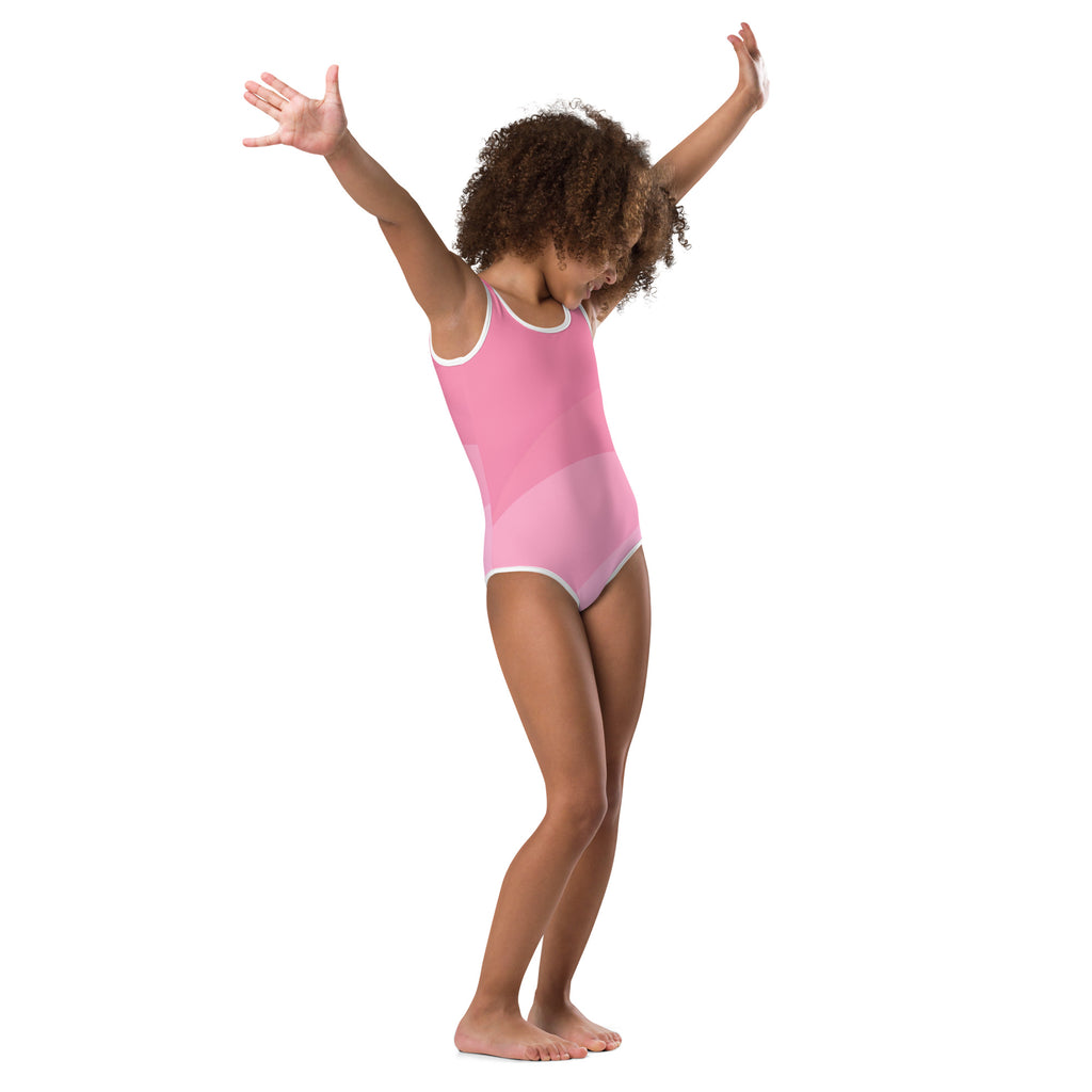 Girls wavy pink swimsuit featuring a pink leotard with white trim perfect for swimming and water activities