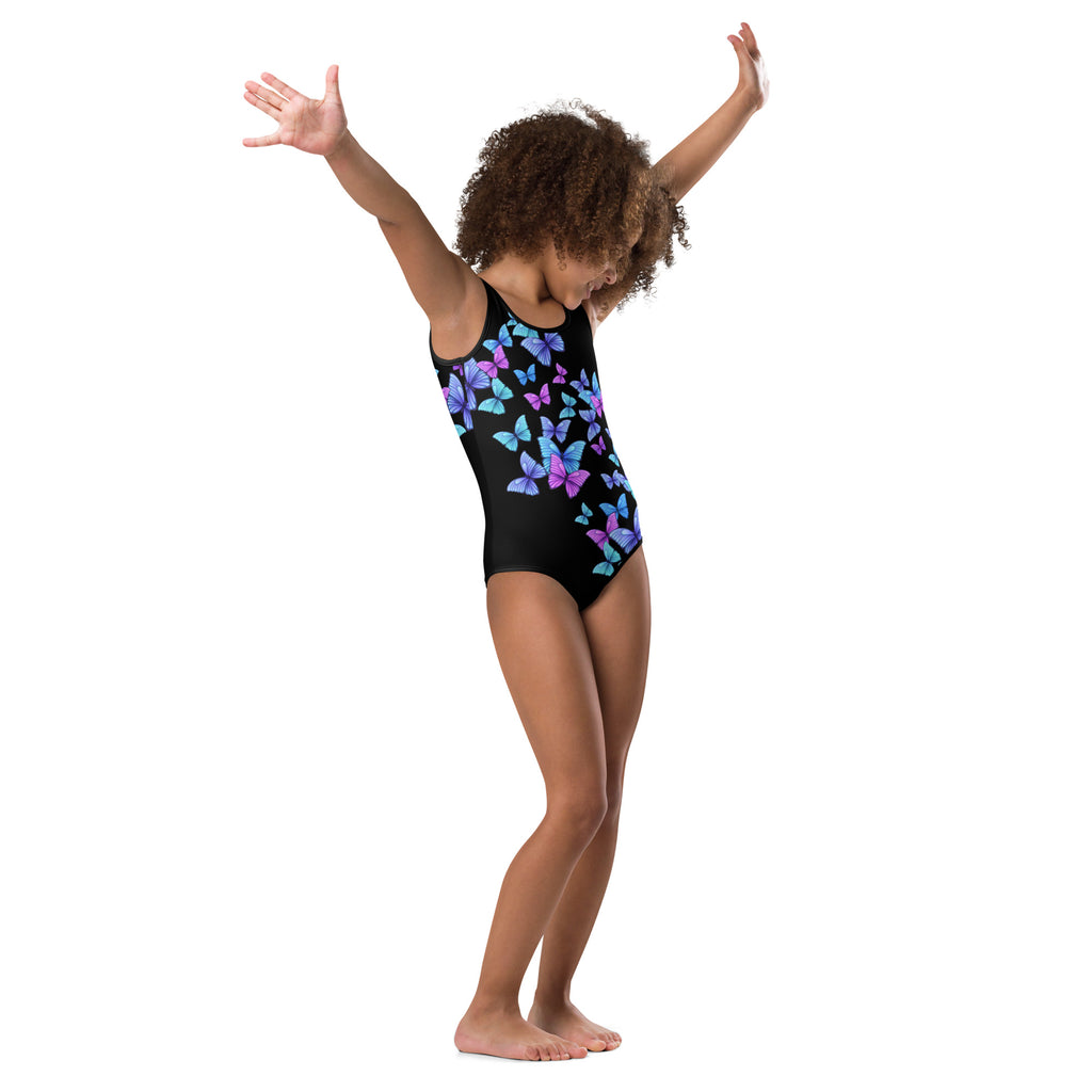Black one-piece swimsuit with vibrant purple blue and teal butterfly pattern quick drying for dance and gymnastics