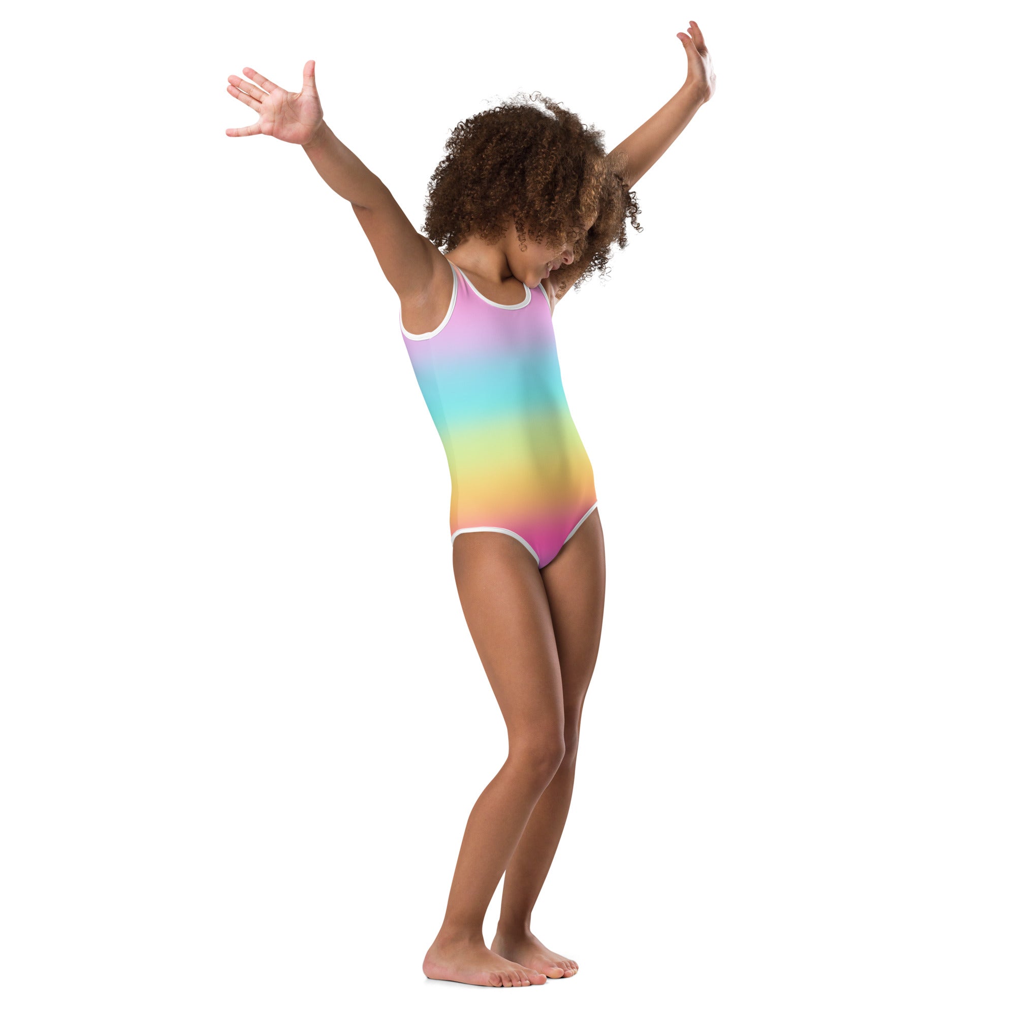 A child wearing a girls bright rainbow buttery soft one-piece leotard with white trim for dance and gymnastics