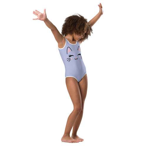 Light blue girls one-piece leotard with white trim and cartoon cat face, buttery soft quick drying for dance and gymnastics