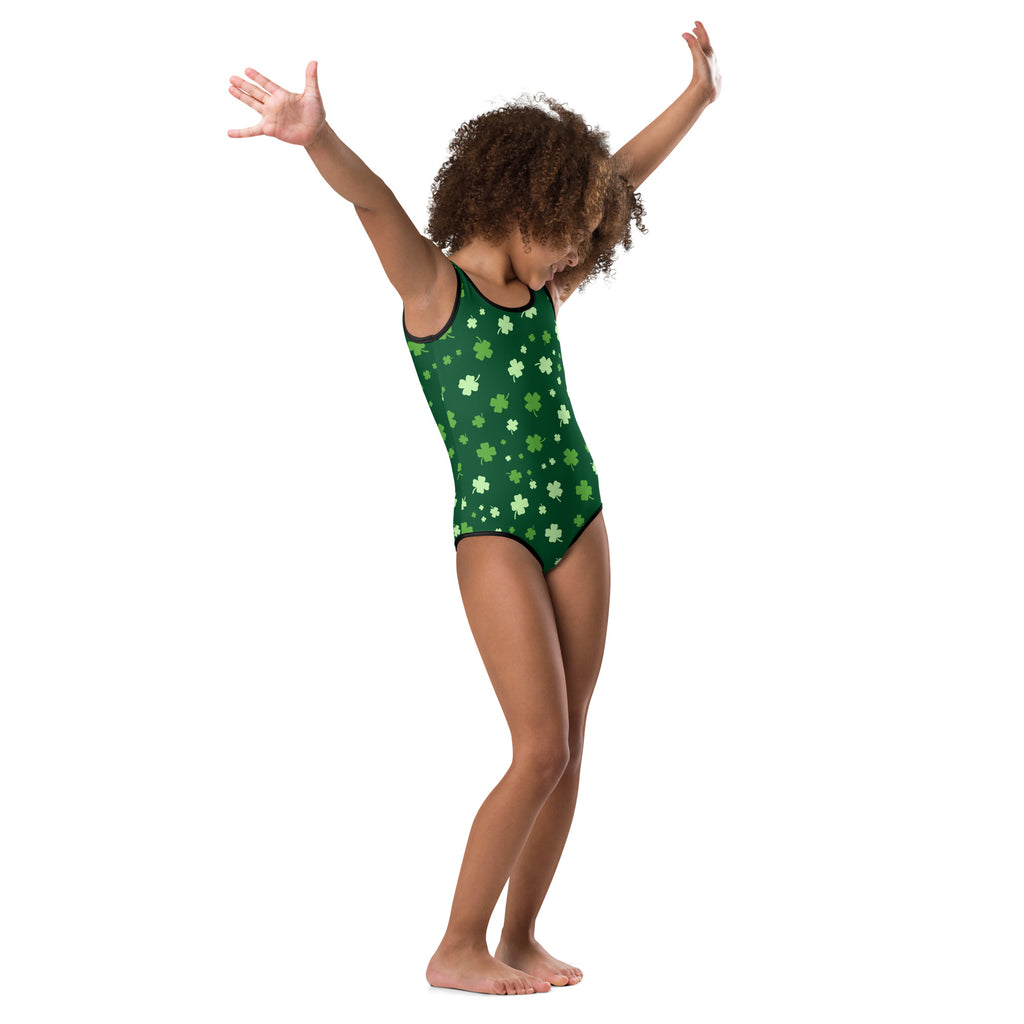 Girls lucky clover st patricks day buttery soft green one-piece swimsuit with white shamrocks and upf 50+ protection