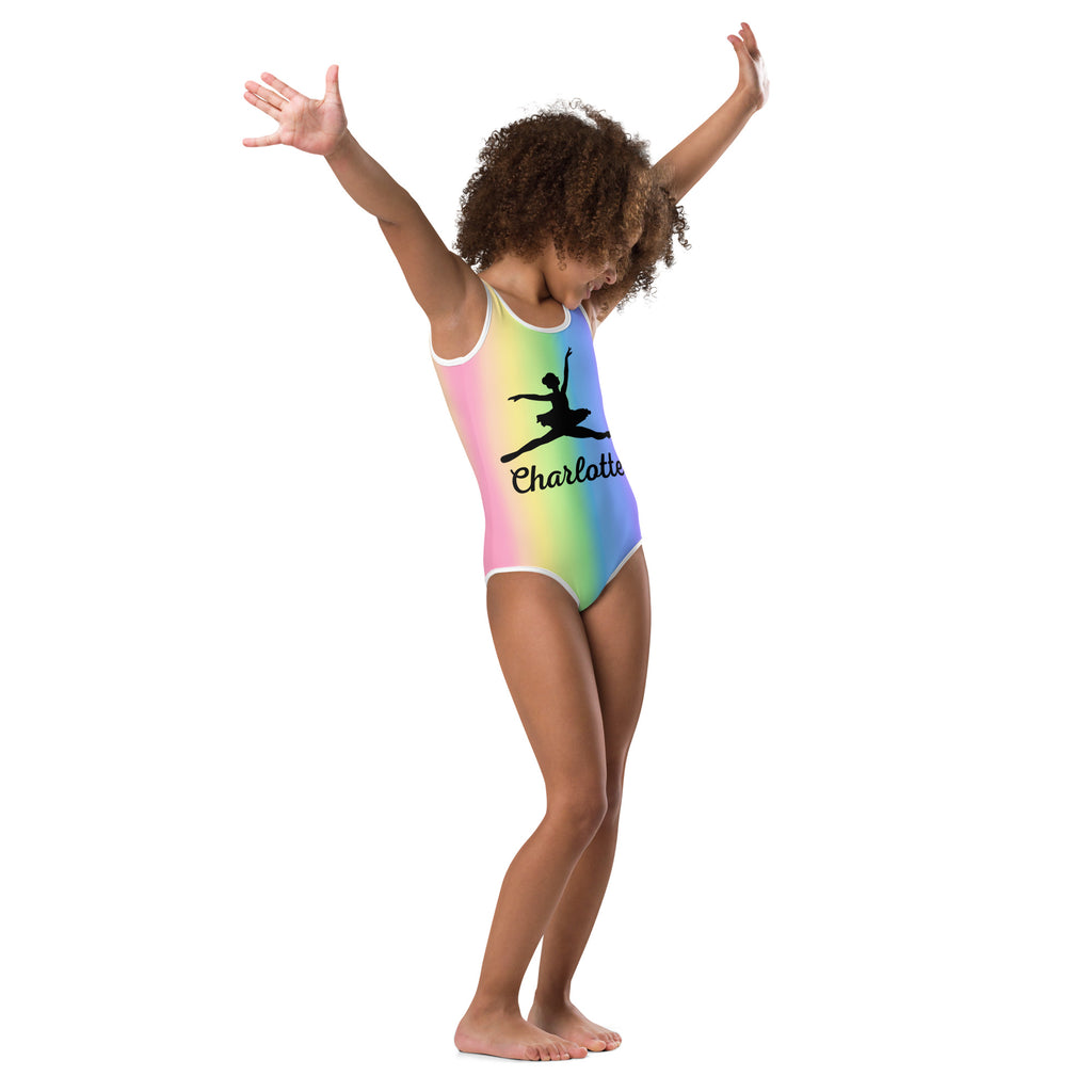 Girls custom rainbow gradient one-piece leotard with black ballet dancer silhouette and name charlotte printed below