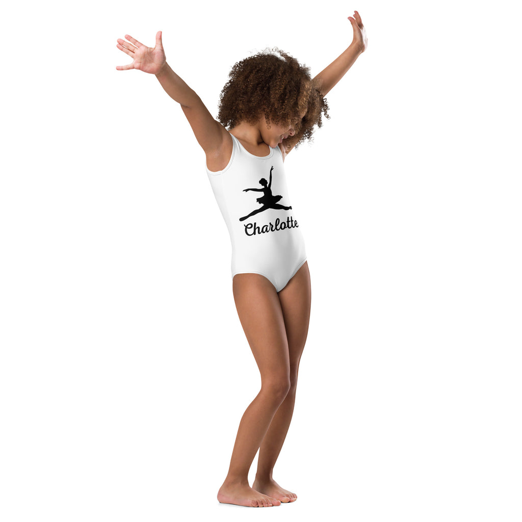 White one-piece buttery soft quick drying leotard with black dancer silhouette and custom name charlotte for girls ballerina
