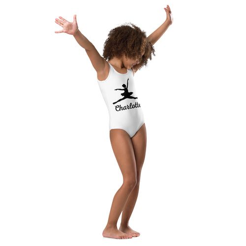 White one-piece buttery soft quick drying leotard with black dancer silhouette and custom name charlotte for girls ballerina