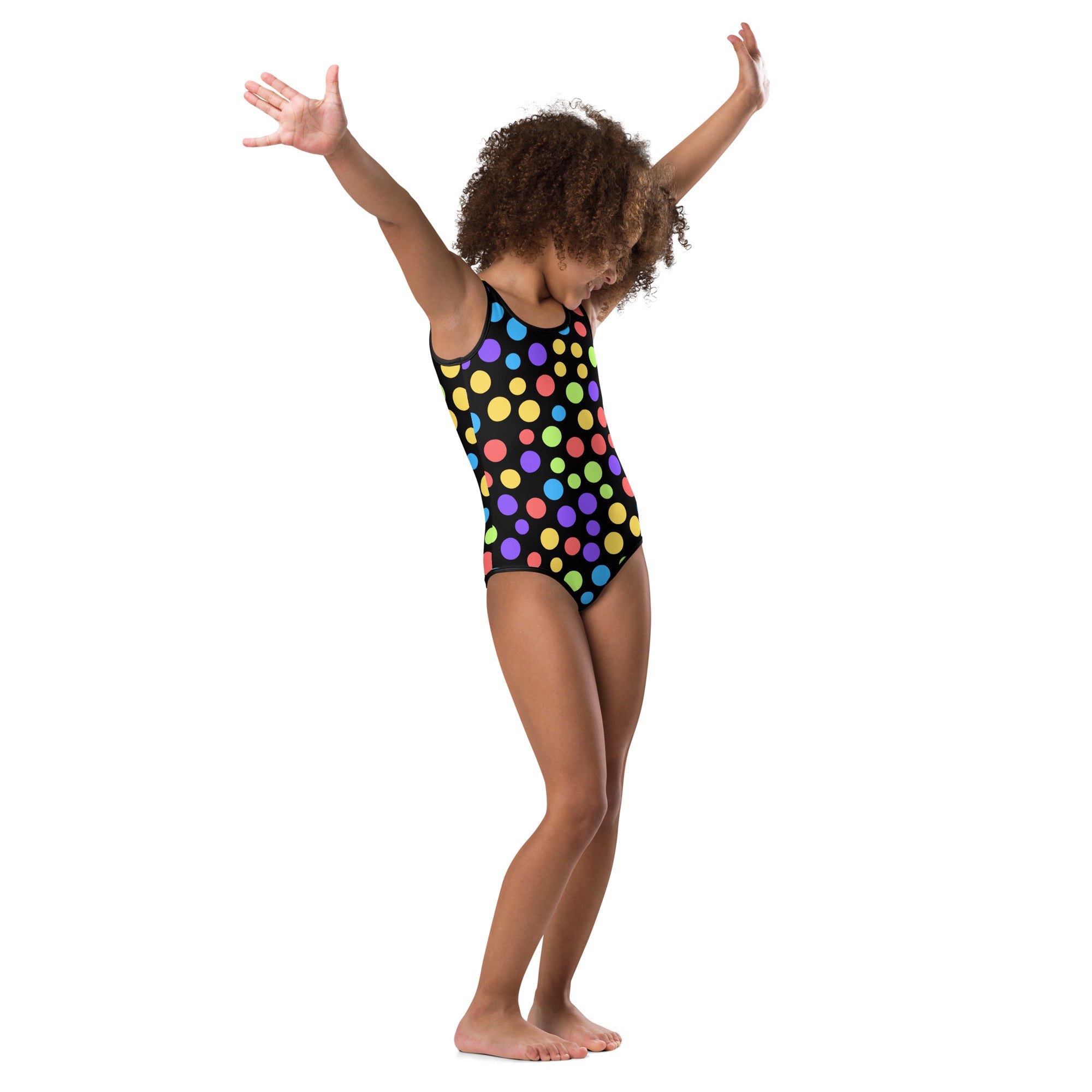 Girls rainbow polka dot buttery soft black one-piece swimsuit with vibrant yellow blue purple green dots and upf 50+