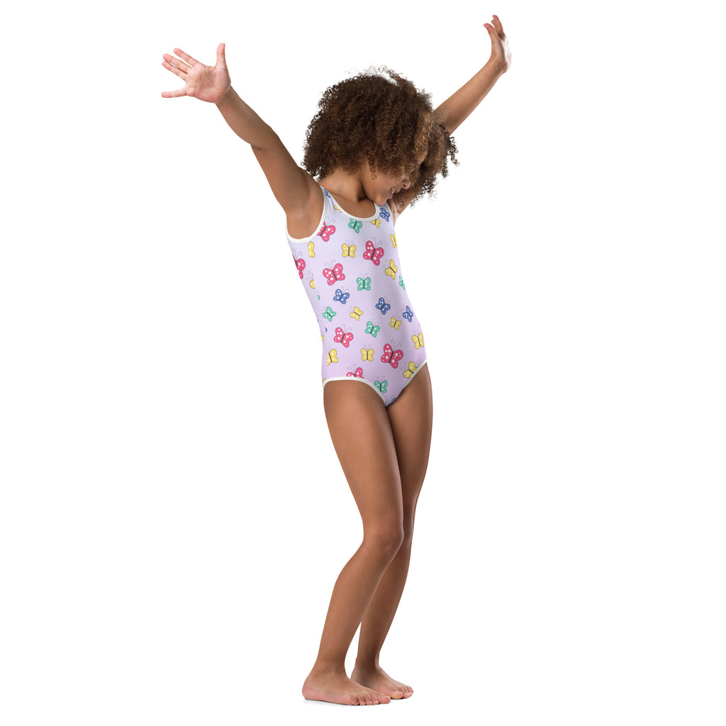 Lavender girls one-piece leotard with colorful butterfly pattern quick drying buttery soft for dance and gymnastics