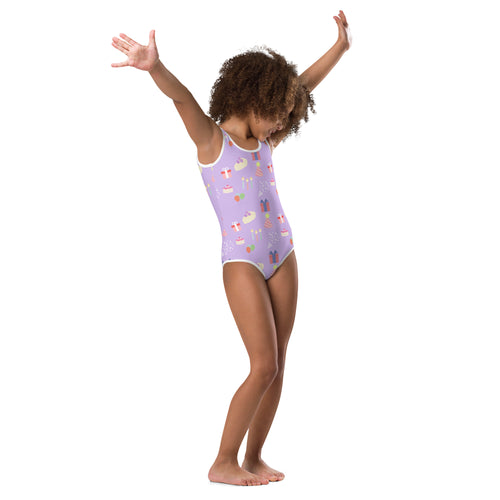 Girls birthday party buttery soft lavender one-piece swimsuit with white trim and cupcake gift bow pattern for dance and gymnastics