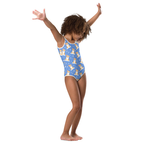 Girls blue corgi buttery soft quick drying leotard with white trim and tan corgi pattern for dance and gymnastics