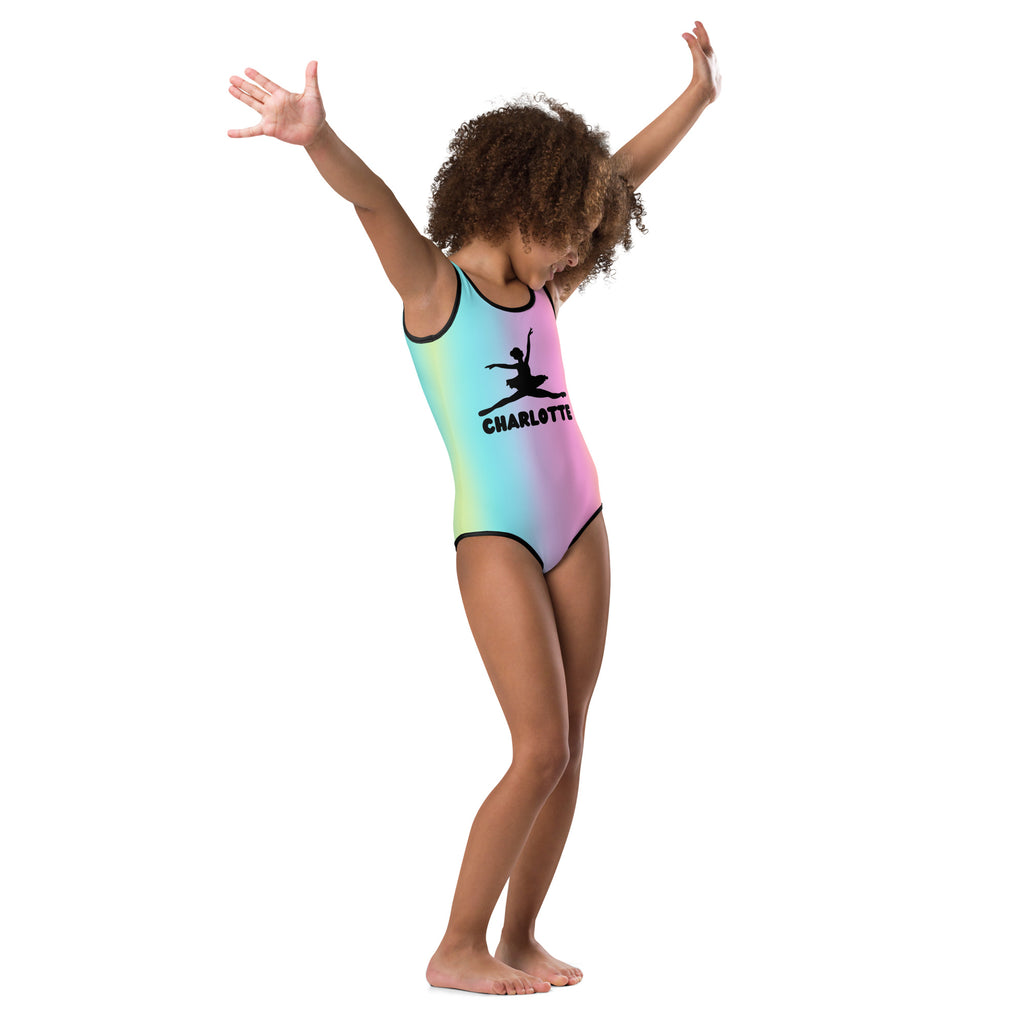 Girls custom name pastel ballerina buttery soft quick drying leotard with vibrant rainbow gradient and black trim featuring dancer silhouette