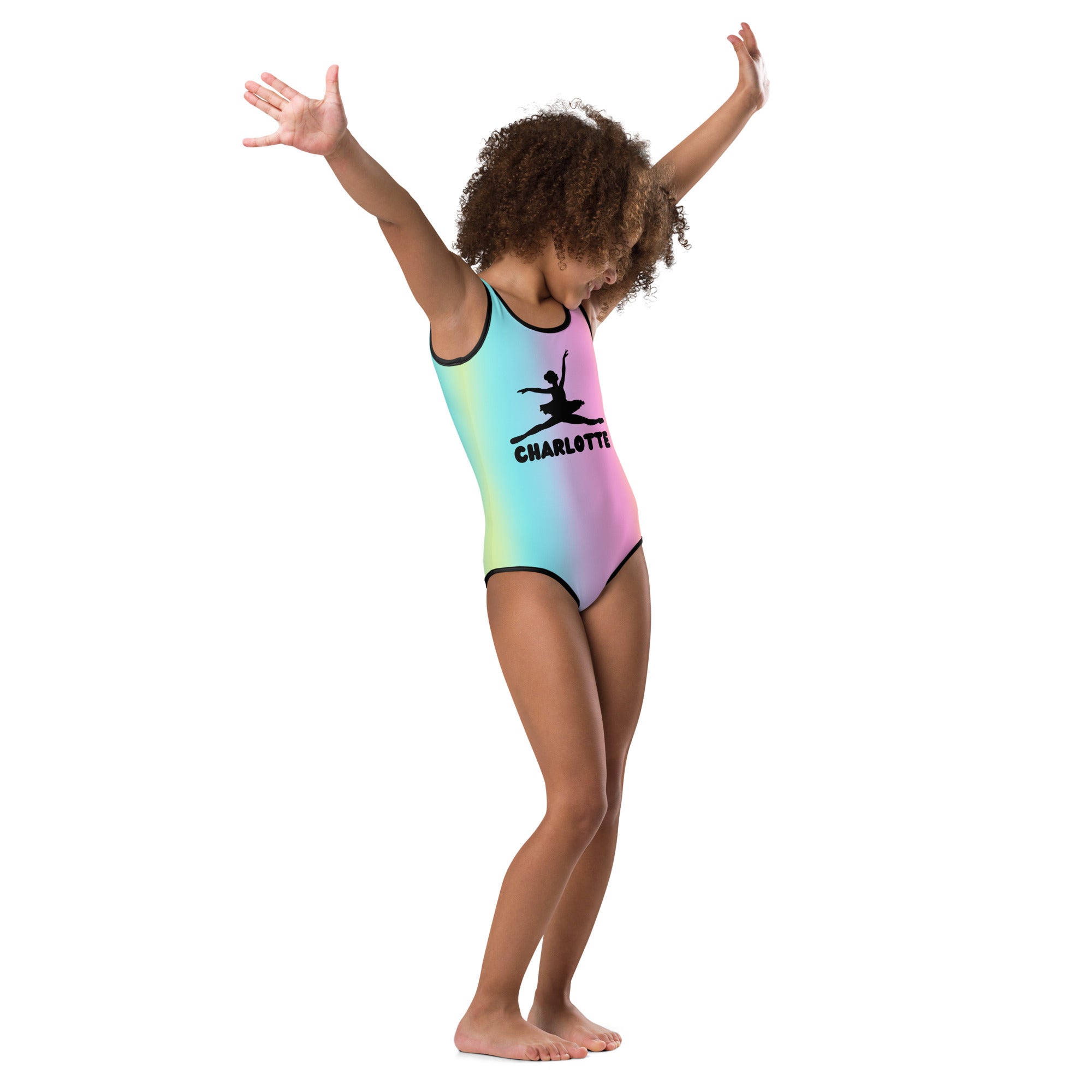 Girls custom name pastel ballerina buttery soft quick drying leotard with vibrant rainbow gradient and black trim featuring dancer silhouette