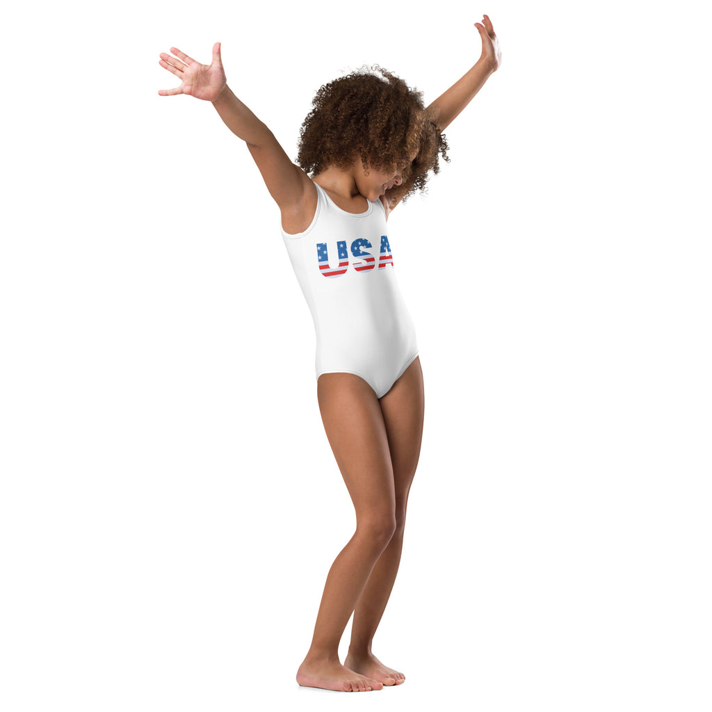 White girls usa buttery soft quick drying leotard with red white and blue lettering for dance and gymnastics