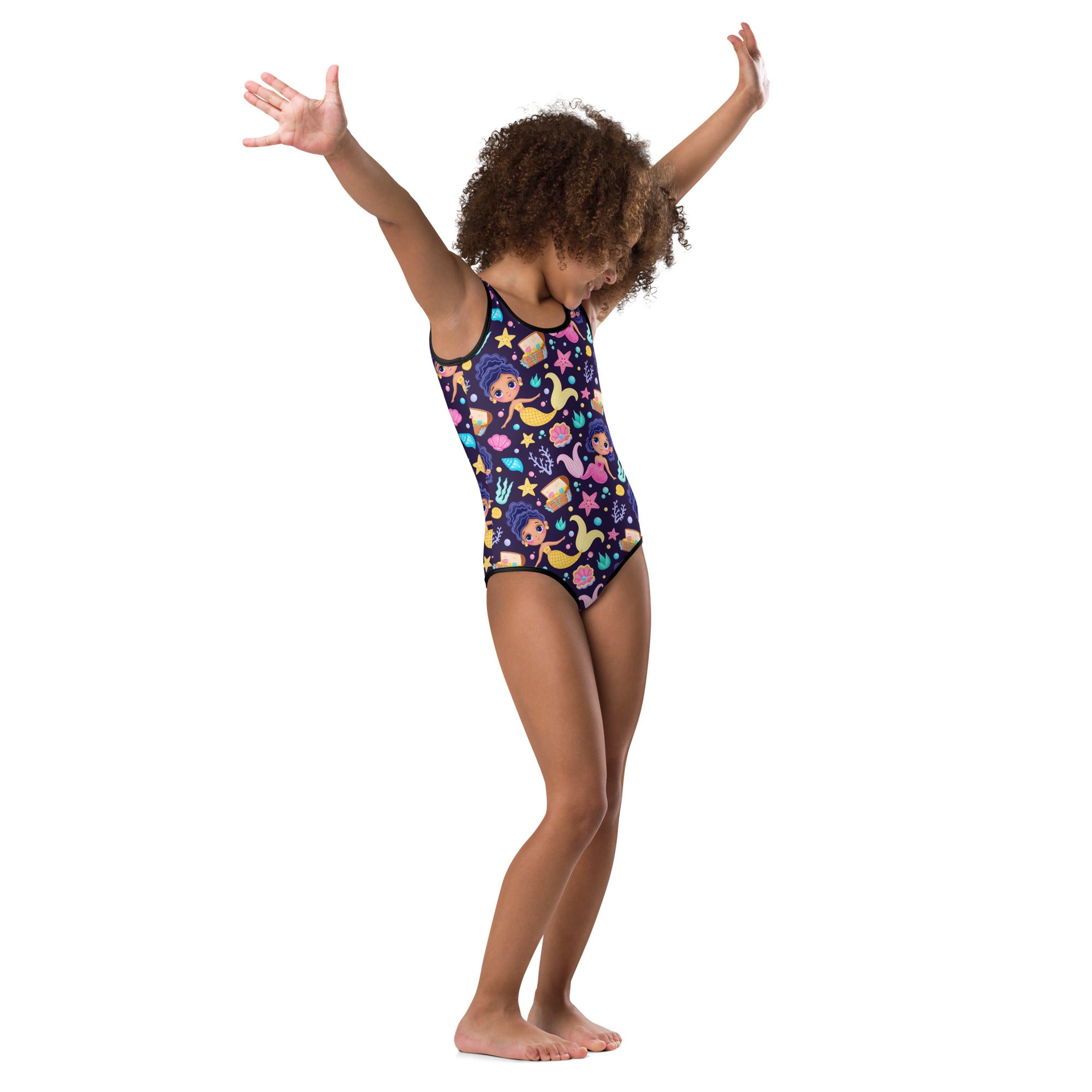 A navy blue girls magical mermaid treasure buttery soft quick drying leotard with pastel mermaid and sea creature pattern