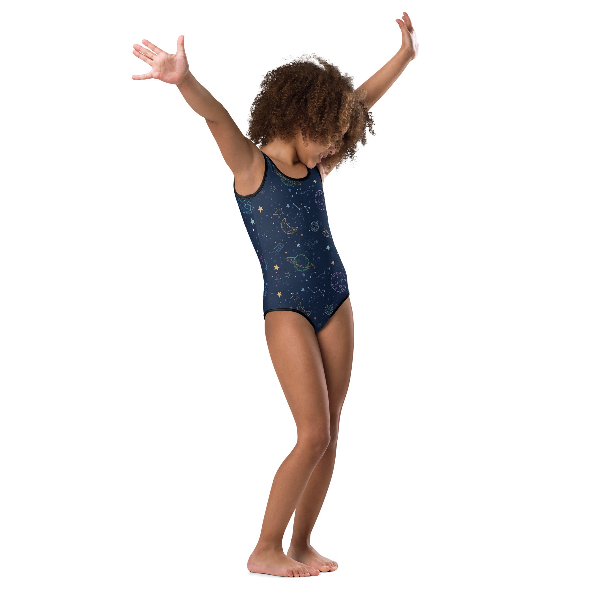Girls galaxy space planets and constellations navy blue buttery soft quick drying leotard for dance and gymnastics