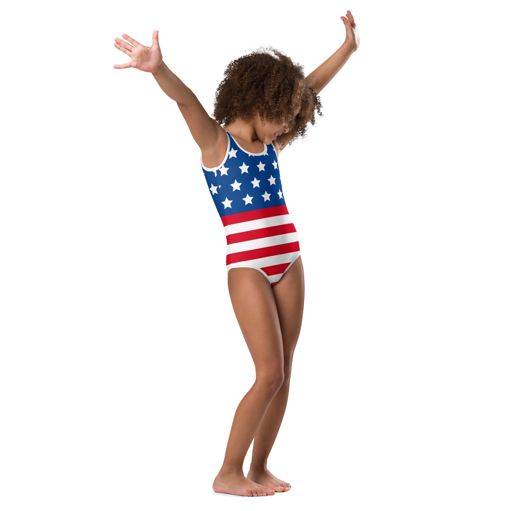 A child wearing a girls american flag buttery soft quick drying leotard in red white and blue for dance and gymnastics