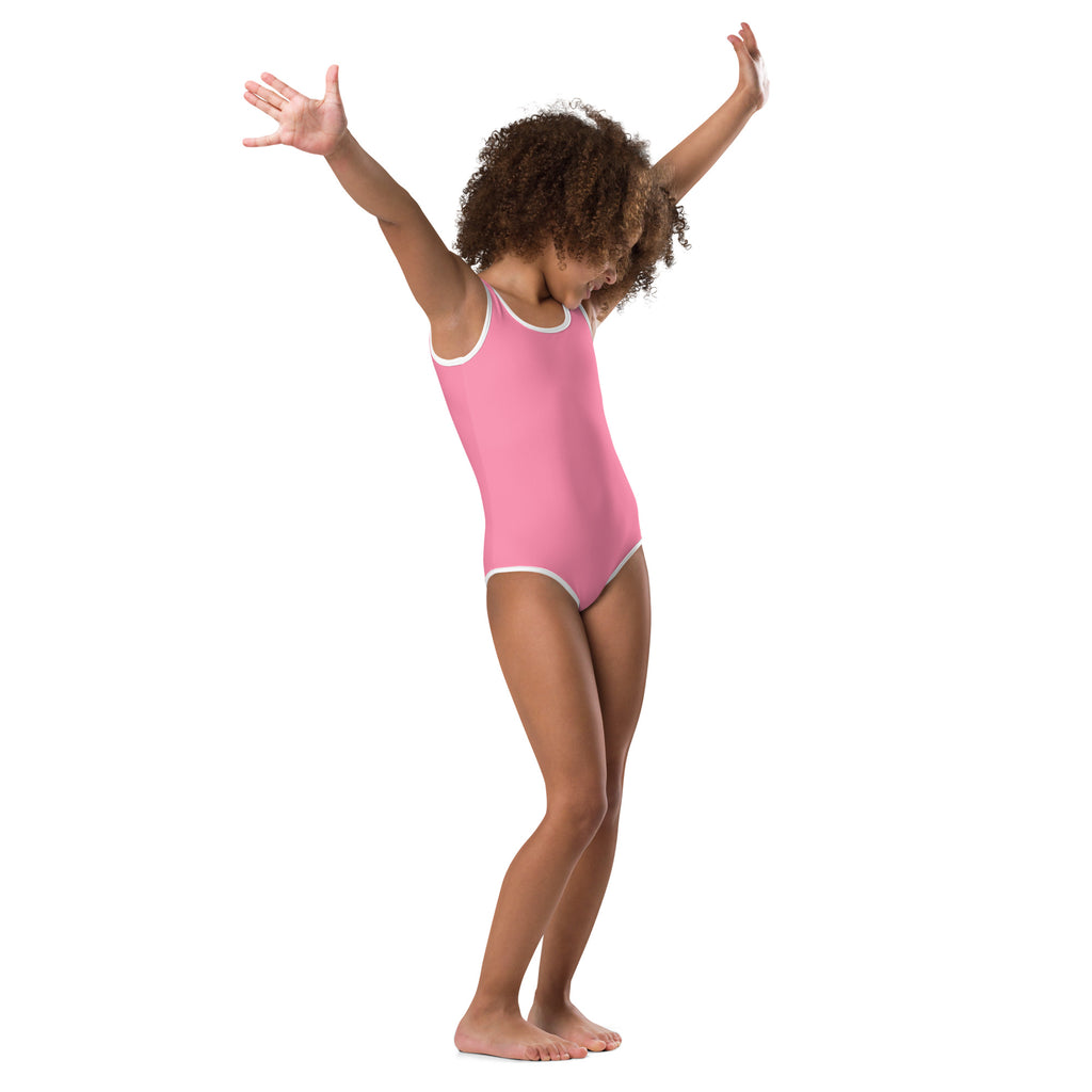 Girls pink buttery soft one-piece leotard with white trim quick drying for dance and gymnastics