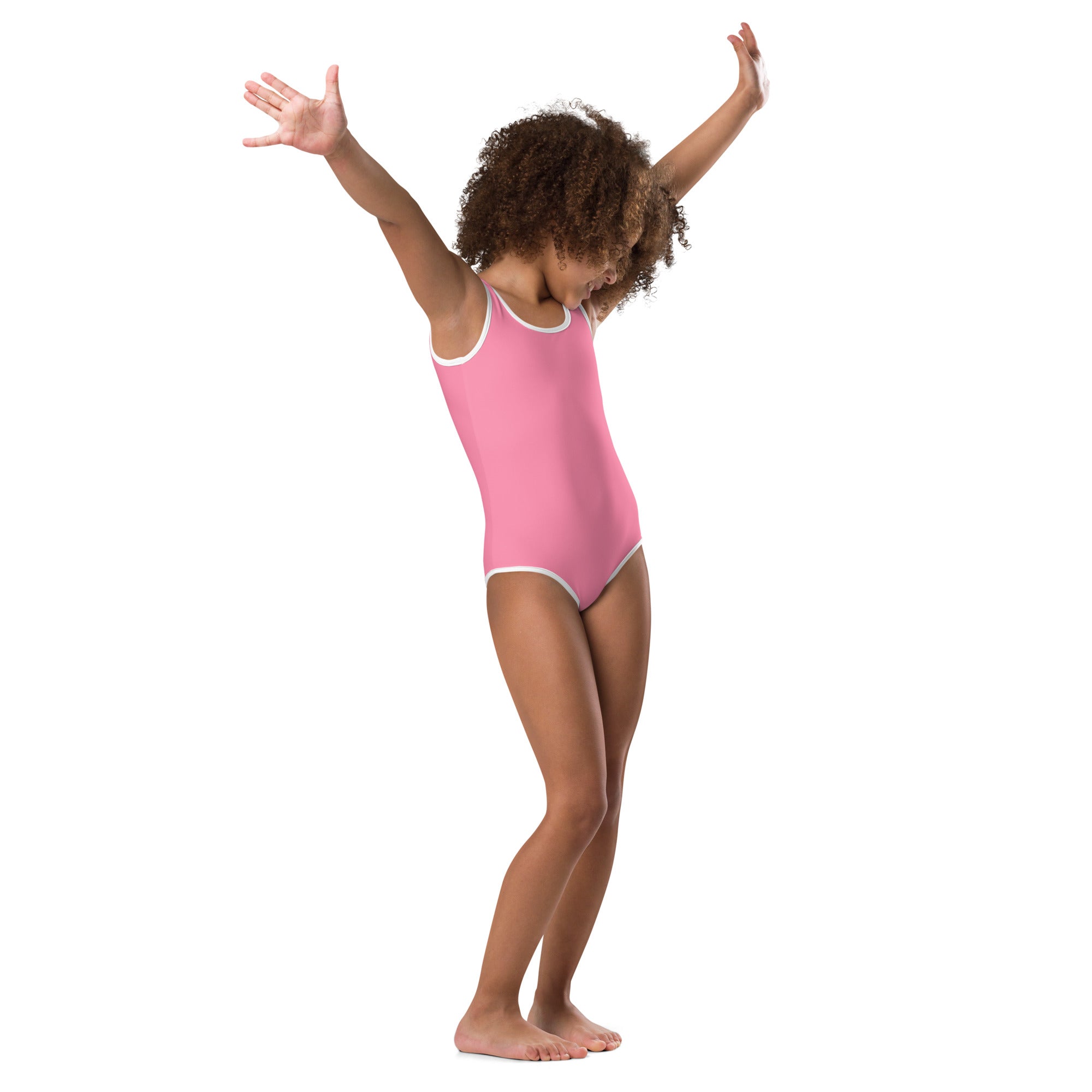 Girls pink buttery soft one-piece leotard with white trim quick drying for dance and gymnastics