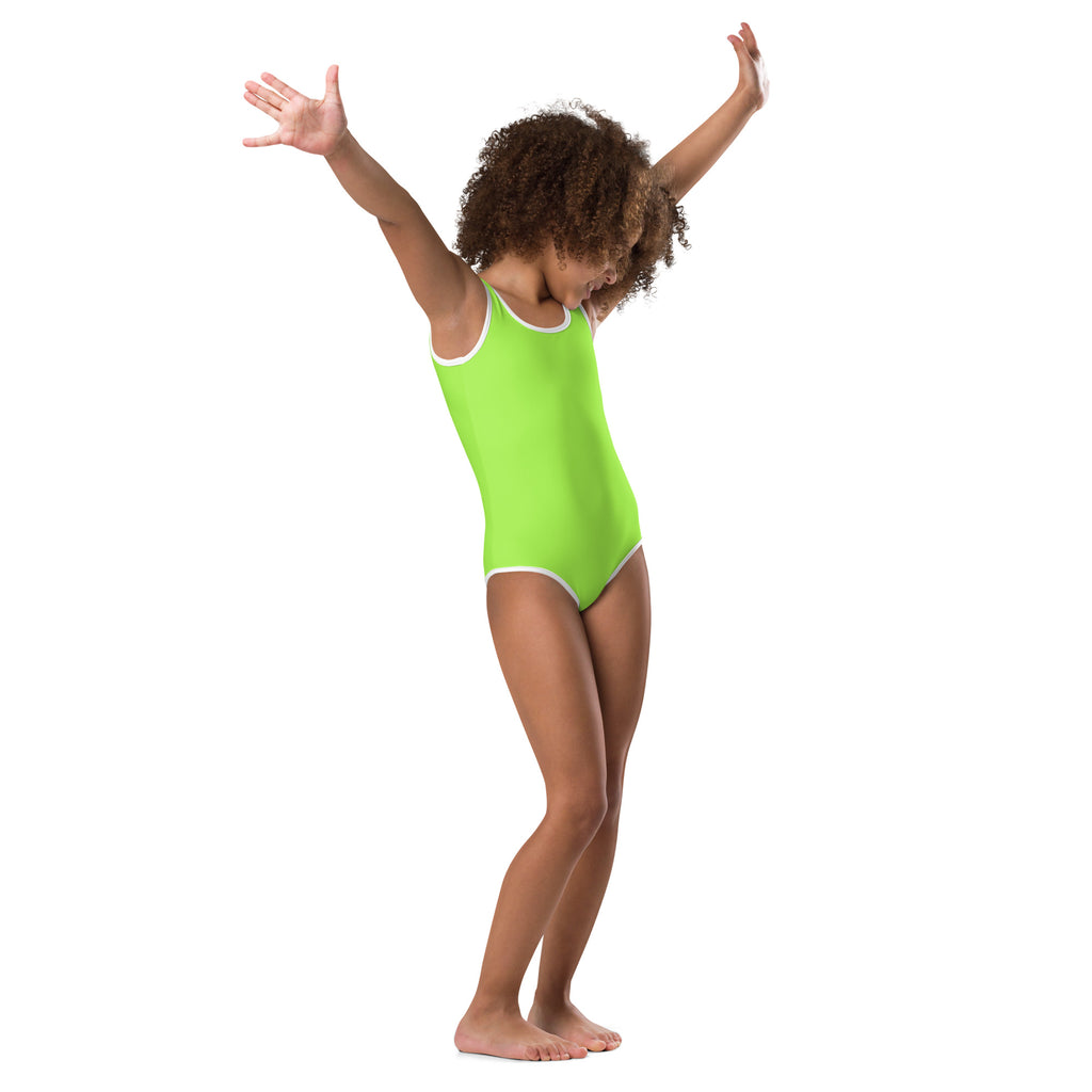 Girls lime green buttery soft one-piece leotard with white trim quick drying for dance and gymnastics