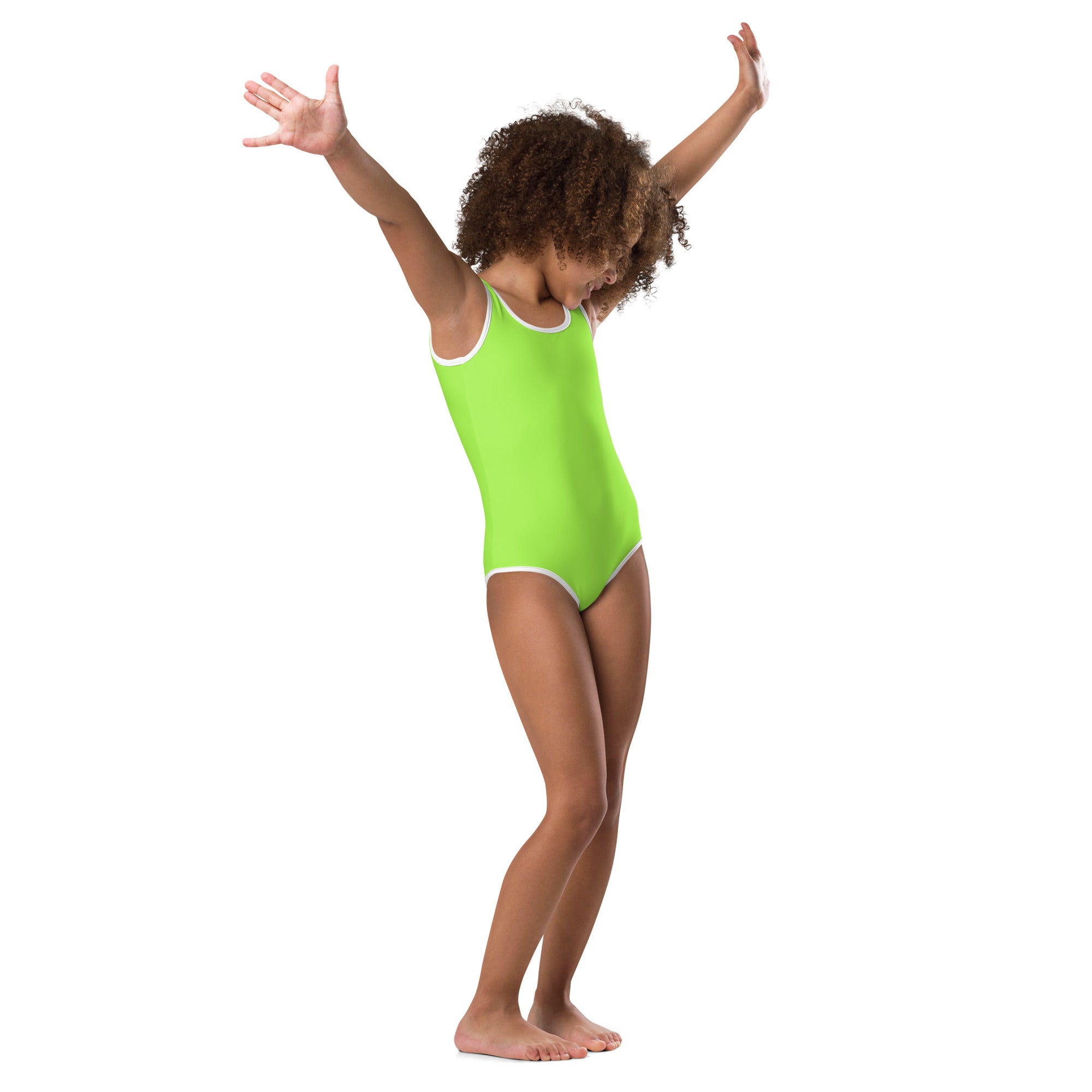 Girls lime green buttery soft one-piece leotard with white trim quick drying for dance and gymnastics