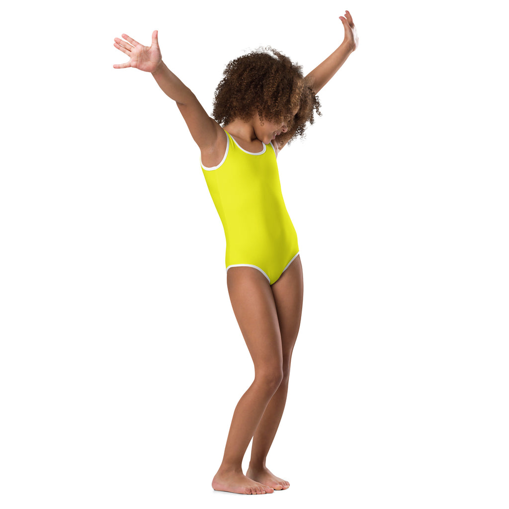 A girls vibrant neon yellow buttery soft leotard with white trim quick drying for dance and gymnastics
