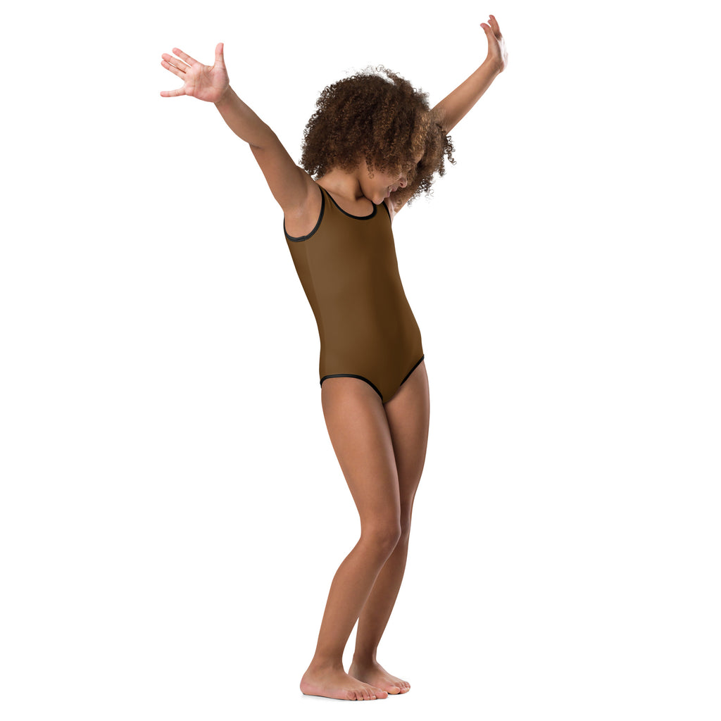 A child wearing a girls brown buttery soft quick drying leotard with black trim for dance and gymnastics
