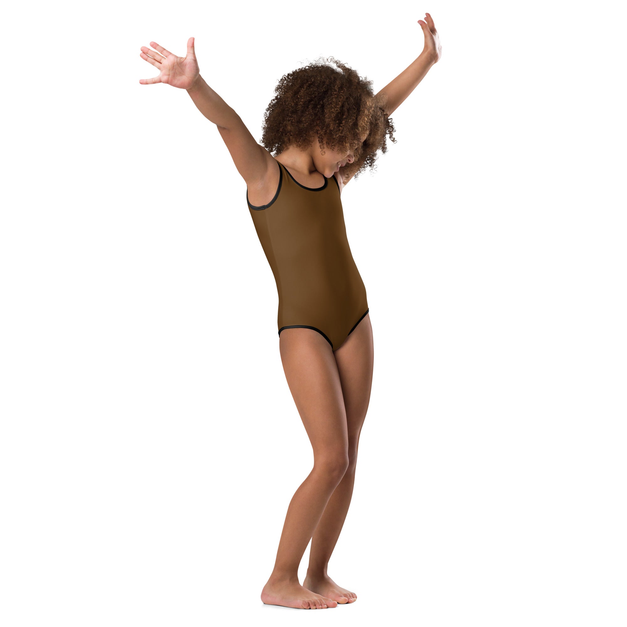 A child wearing a girls brown buttery soft quick drying leotard with black trim for dance and gymnastics