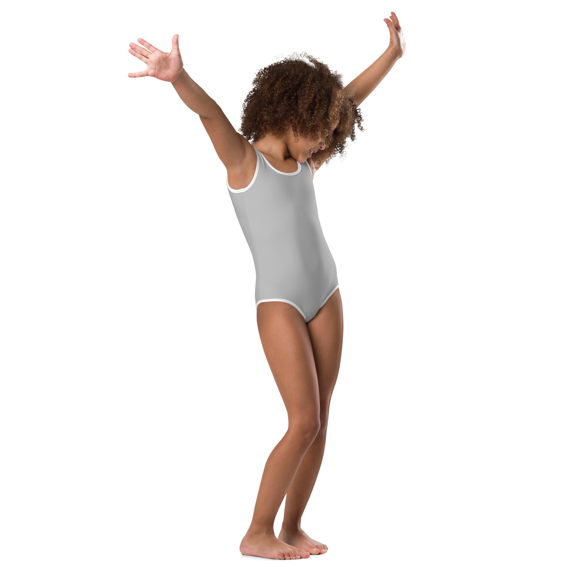Girls gray one-piece leotard with white trim made of buttery soft quick-drying fabric for dance and gymnastics