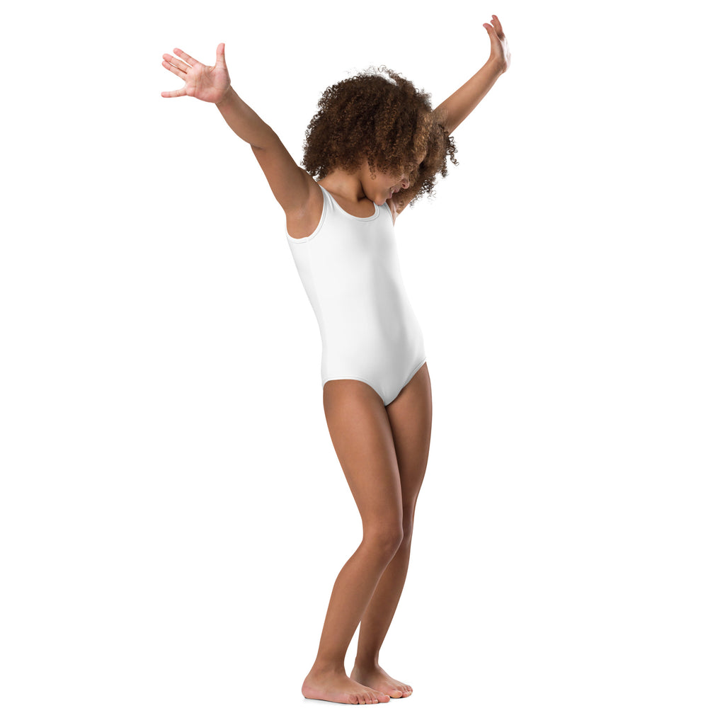 Girls white buttery soft sleeveless leotard with smooth quick drying fabric for dance and gymnastics