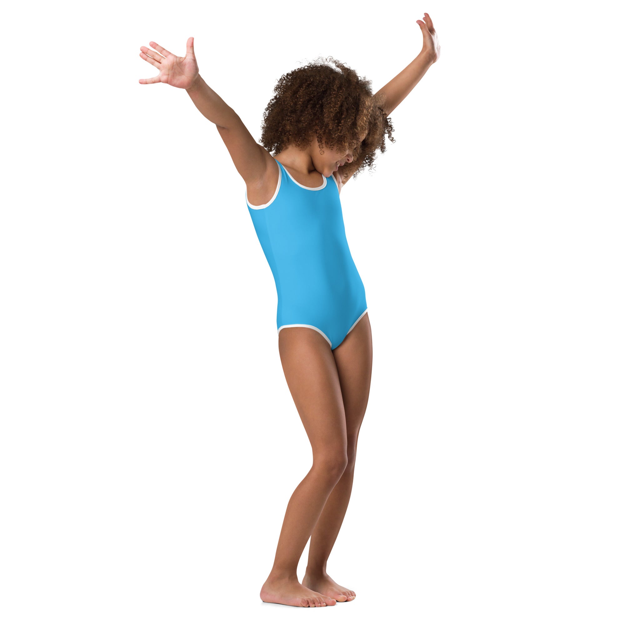 A vibrant turquoise girls one-piece leotard with white trim designed for quick drying in dance and gymnastics
