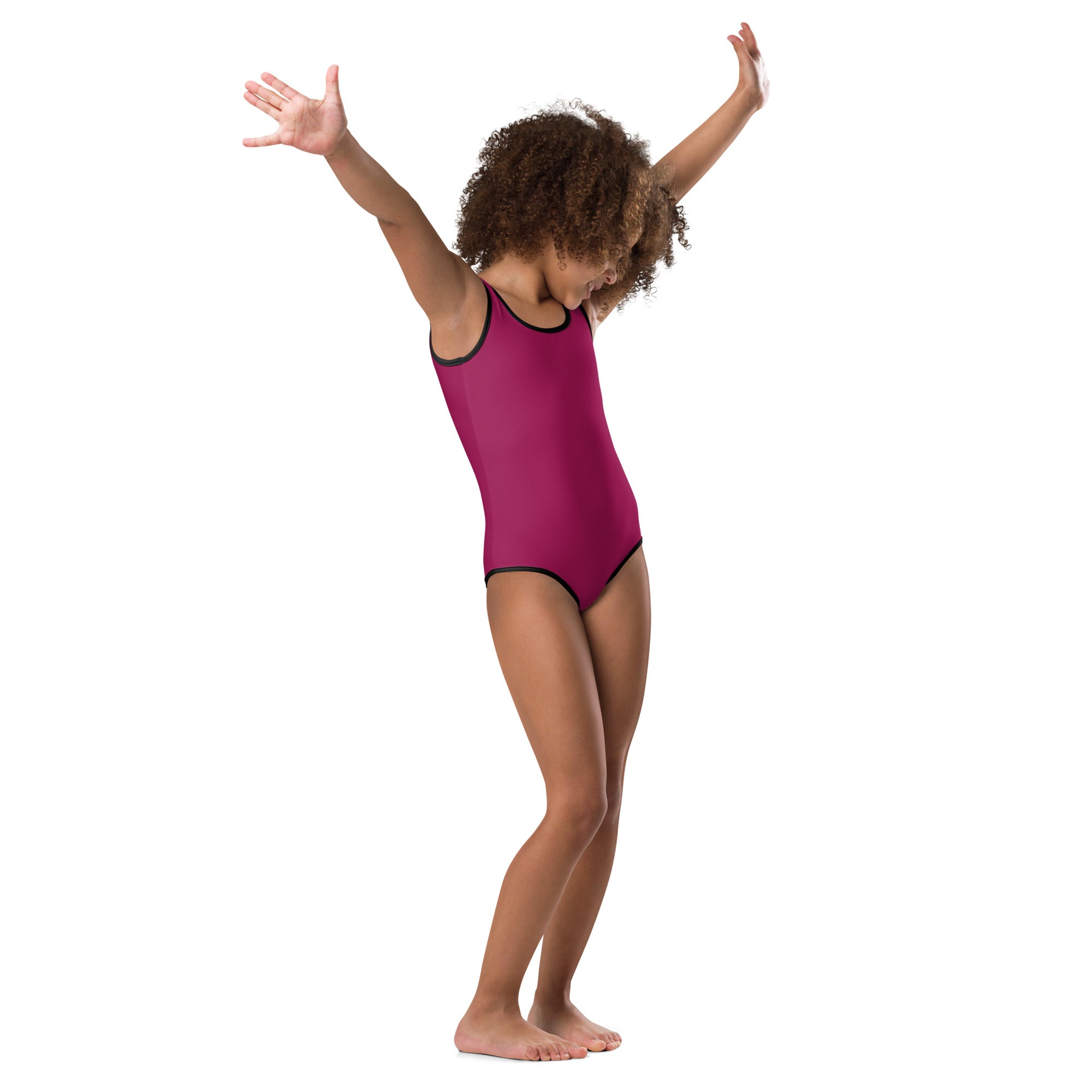 Girls berry pink buttery soft leotard with black trim quick drying for dance and gymnastics in vibrant magenta