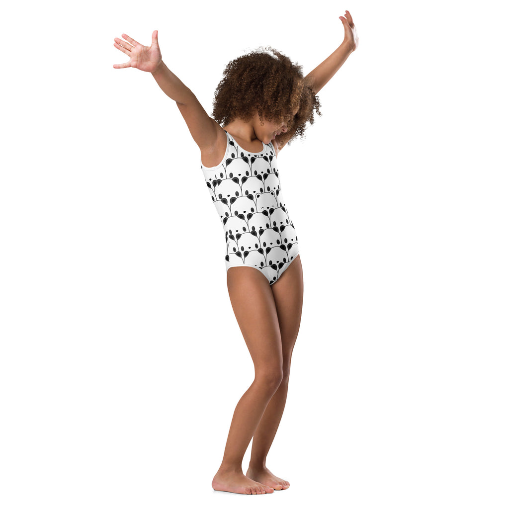 White one-piece swimsuit with black panda face pattern in girls buttery soft quick drying leotard for dance and gymnastics