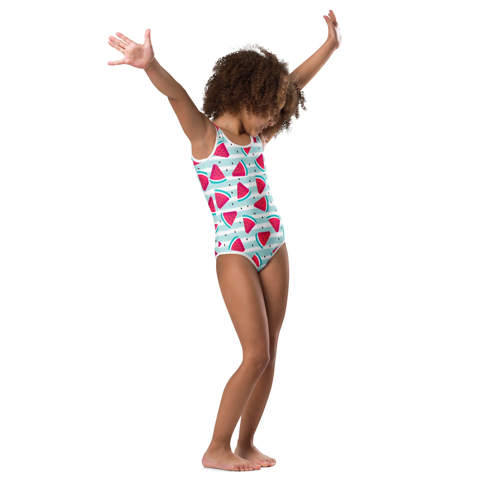 Girls striped watermelon buttery soft leotard in light blue and pink with playful red and green pattern for dance and gymnastics