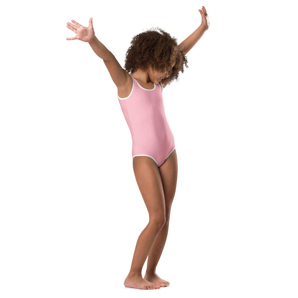 Girls light pink buttery soft one-piece leotard with white trim quick drying for dance and gymnastics
