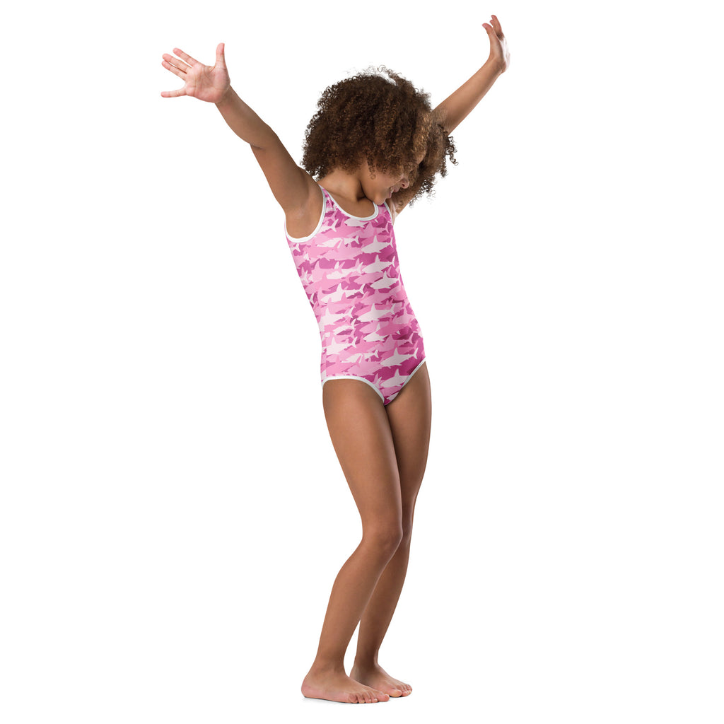 Girls pink and white shark patterned buttery soft one-piece swimsuit with racerback design for dance and gymnastics