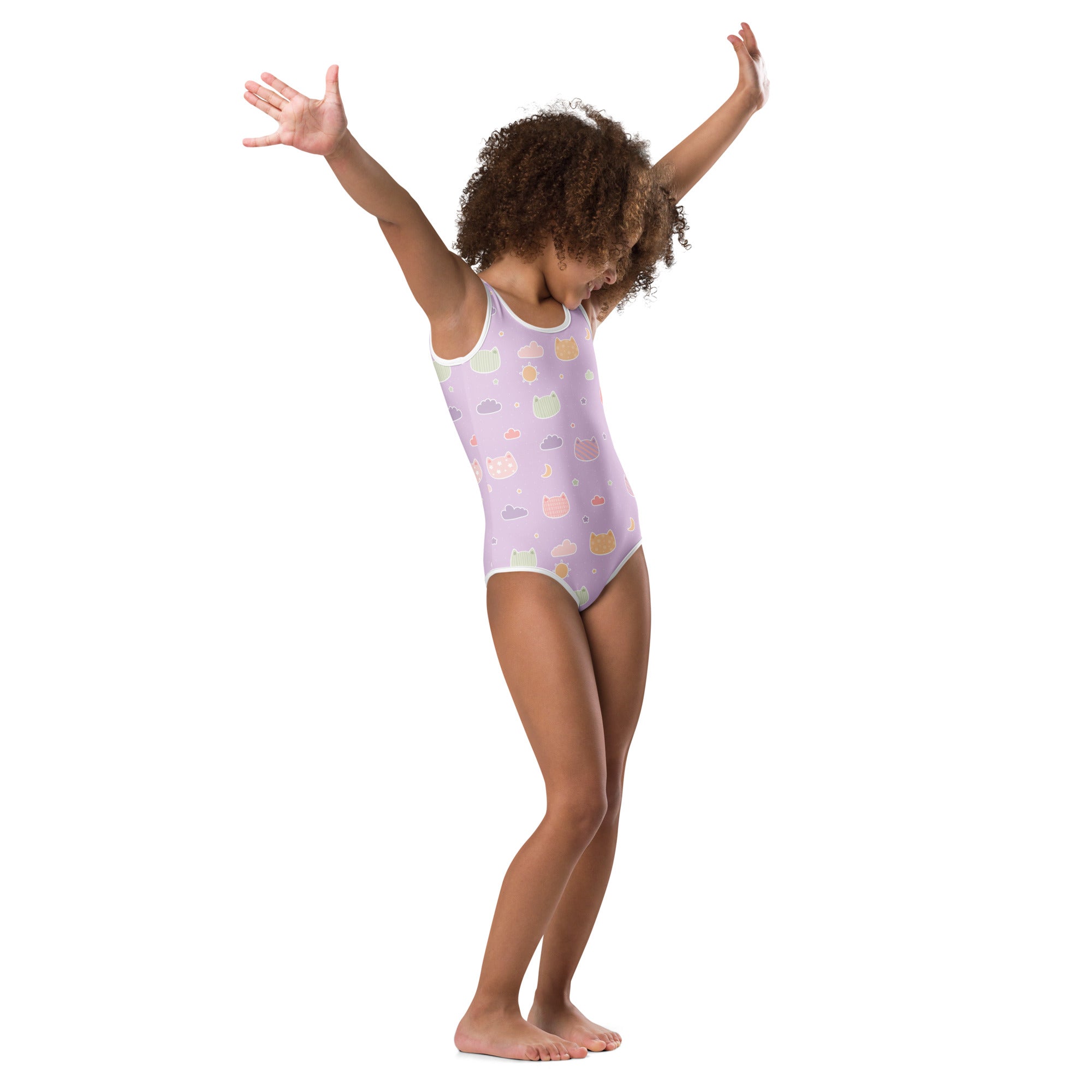 Girls Pastel Purple Kawaii Cats & Clouds Buttery Soft Leotard - Quick Drying For Dance and Gymnastics